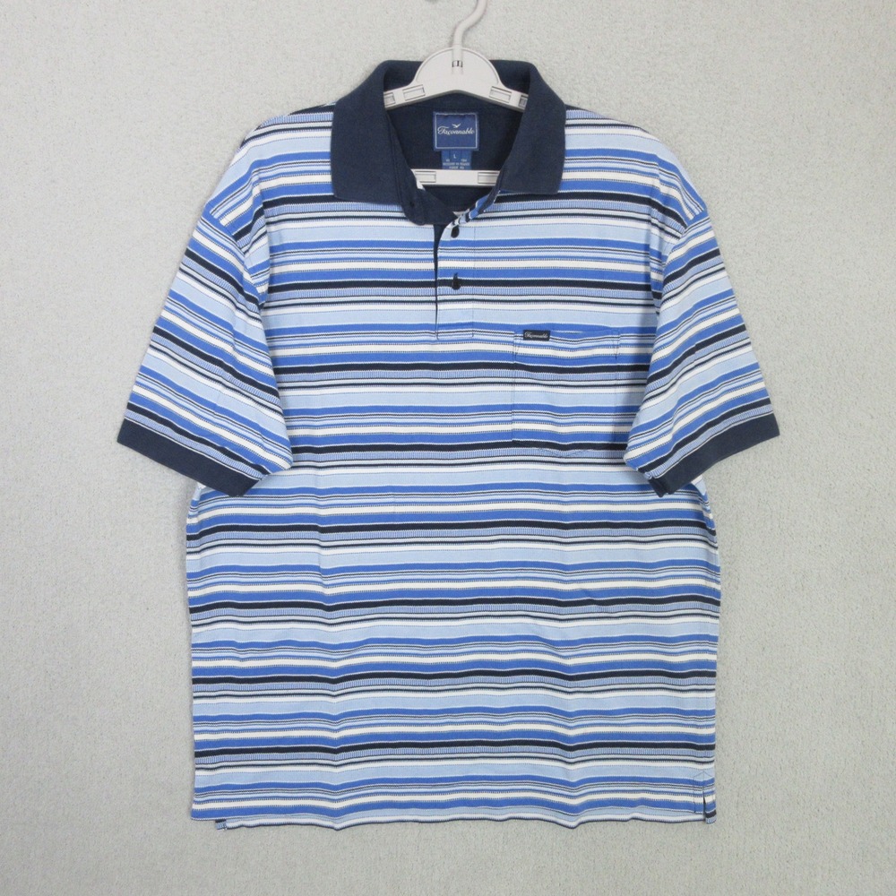 Faconnable Polo Shirt Mens Large Blue White Striped Short Sleeve Cotton RN 58665